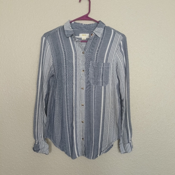 Maeve Anthropologie Shirt Button Blouse Size S Tunic Long Sleeve Striped Blue Wh - Picture 1 of 13